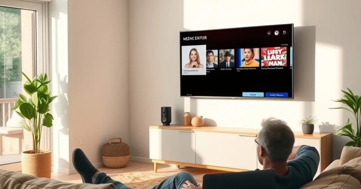 Person richtet im hellen Wohnzimmer auf dem Laptop und Fernseher eine Streaming-Oberfläche für Live-TV ein