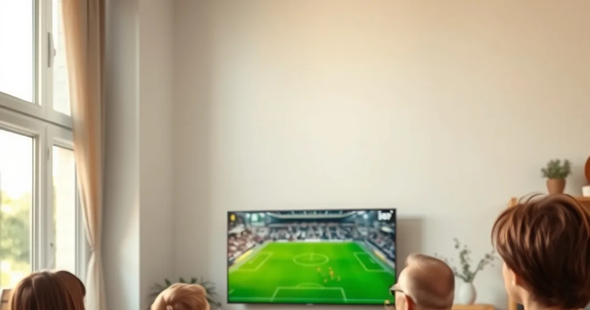 Familie schaut abends in einem hellen Wohnzimmer ein Fußballspiel auf einem großen Fernseher über eine IPTV-Box