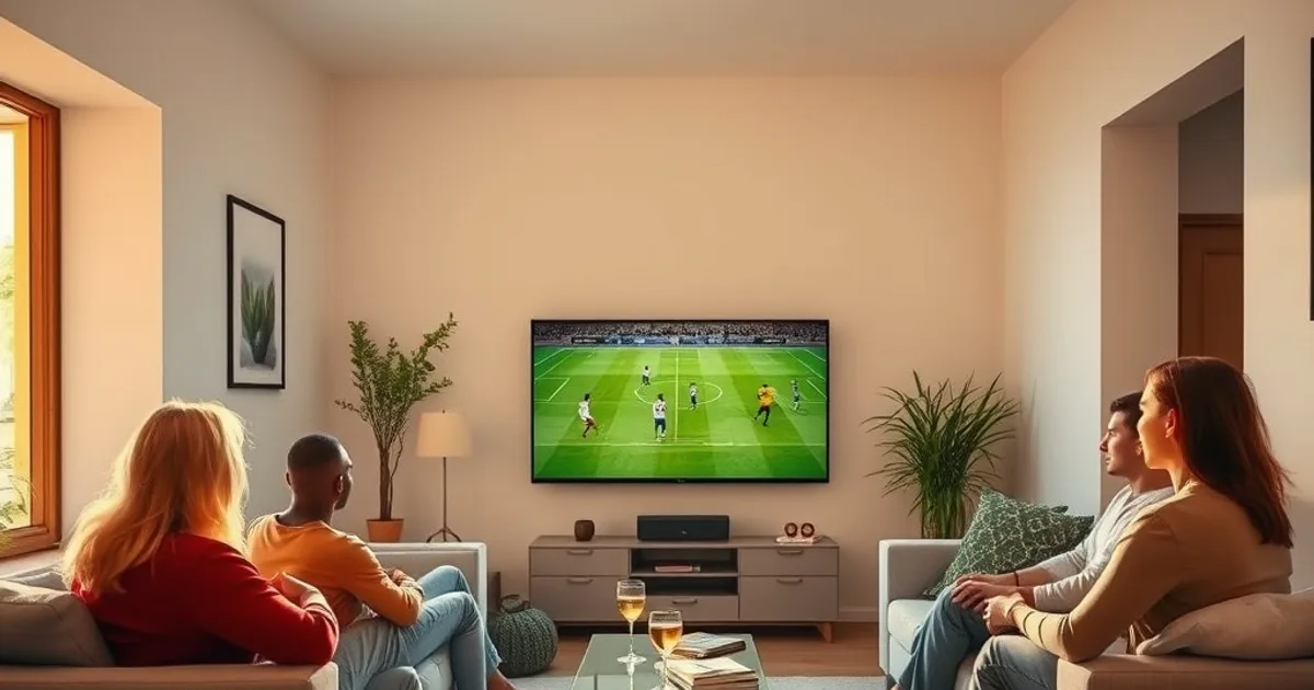 Freunde schauen gemeinsam ein Serie-A-Spiel am Abend auf einem großen Fernseher in einem hellen Wohnzimmer