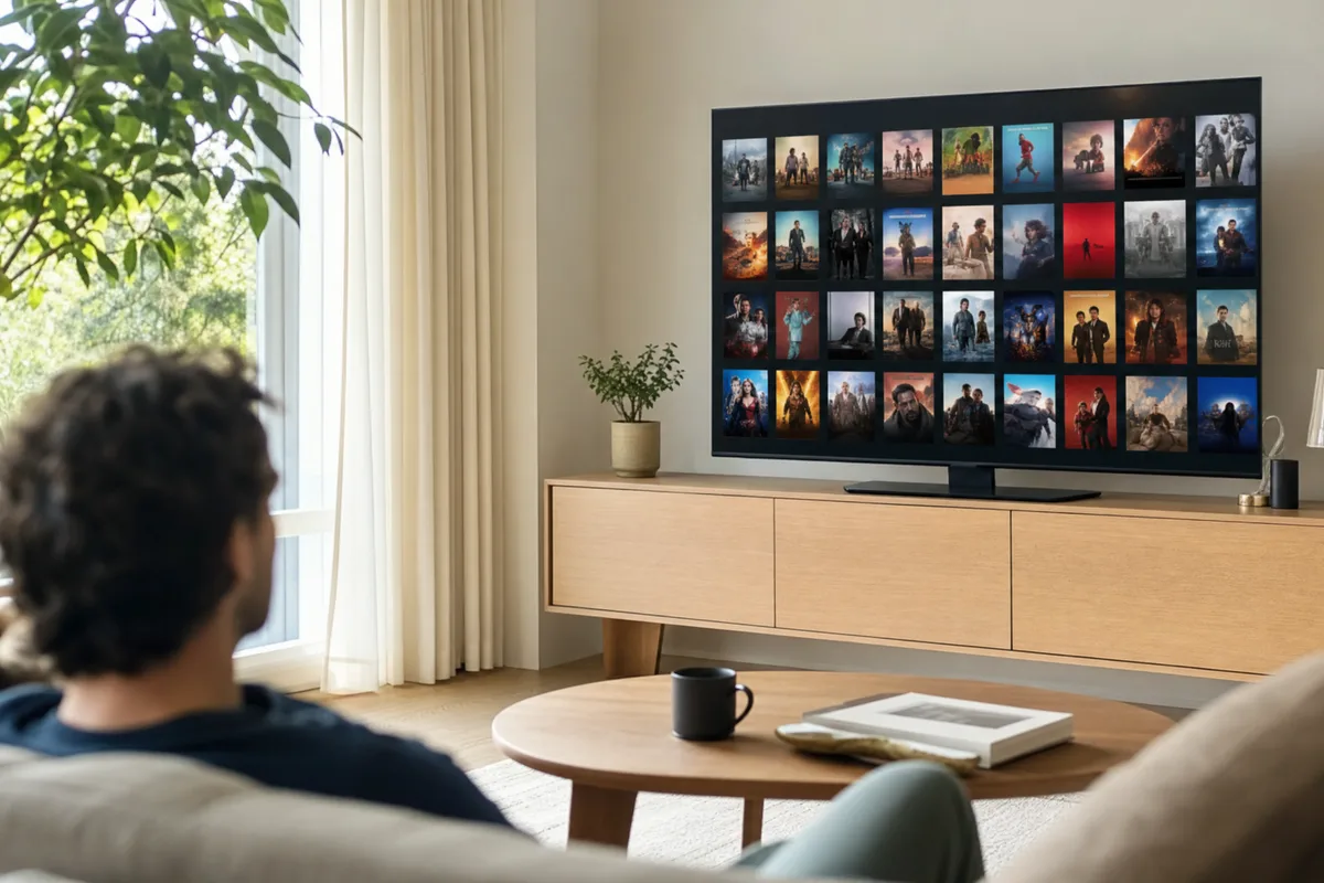 Smart-TV mit einer großen Auswahl an Film- und Serien-Postern in einem hellen, modernen Wohnzimmer