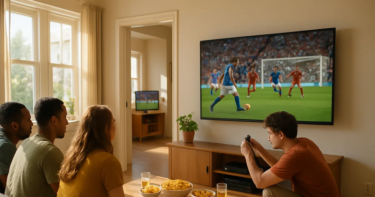 Freunde schauen an einem hellen Sommernachmittag ein Fußballspiel im Wohnzimmer, während eine Person hinter dem Fernseher einen Streaming-Stick einsteckt und im Nebenraum ein zweiter Fernseher dasselbe Spiel zeigt.