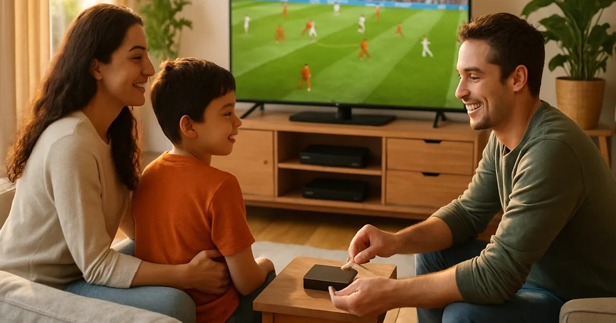 Familie im hellen Wohnzimmer bei Tageslicht vor einem großen Fernseher mit Fußballspiel, eine Person steckt ein Netzwerkkabel in die IPTV-Box am Sideboard