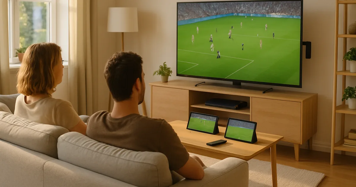Zwei Freunde schauen an einem hellen Sommerabend entspannt auf dem Sofa ein Fußballspiel auf dem Fernseher, daneben Tablet und Smartphone mit derselben Übertragung.