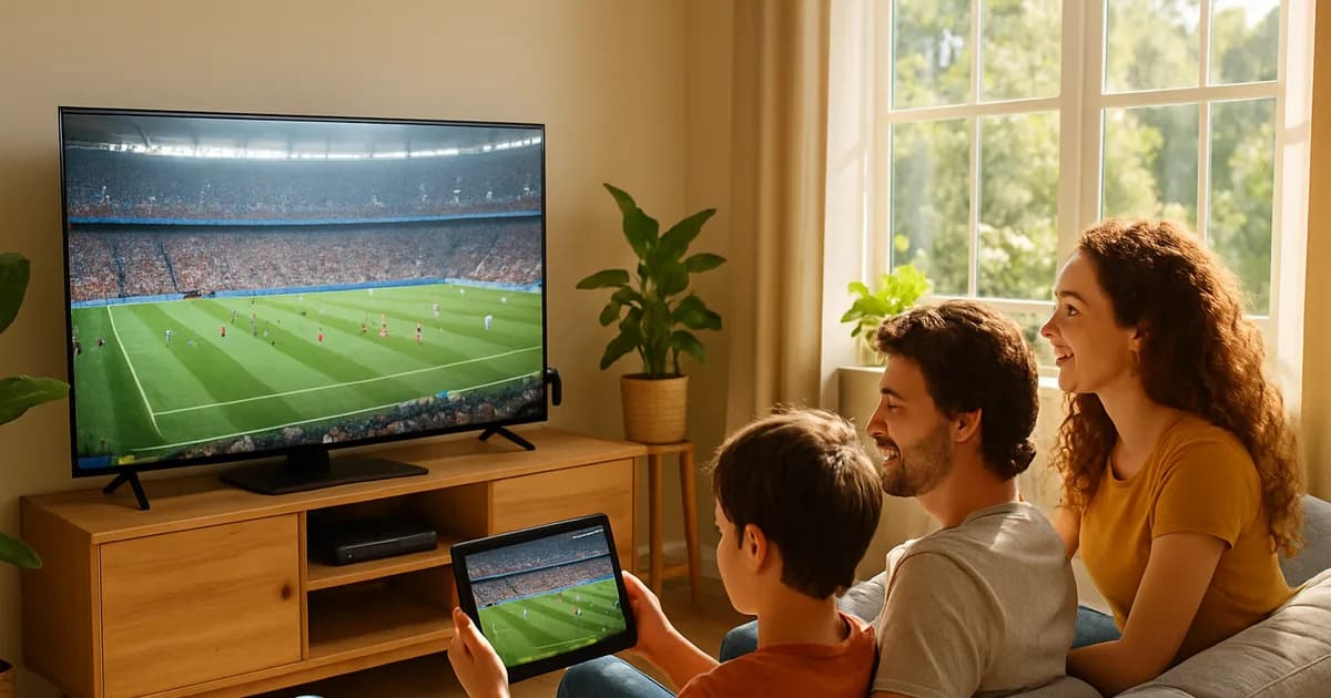 Helles Wohnzimmer im Sommer: Eine Familie schaut auf dem Smart TV ein WM-Spiel im vollen Stadion, ein Streaming-Stick steckt im Fernseher, eine Person verfolgt parallel ein zweites Spiel auf dem Tablet.
