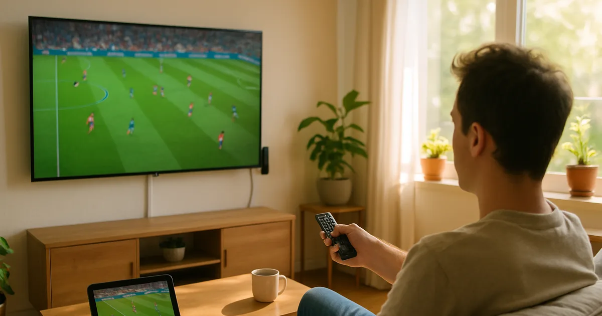 Hell beleuchtetes Wohnzimmer bei Tageslicht: eine entspannte Person auf dem Sofa schaut ein Fußballspiel auf einem großen Fernseher, ein Streaming-Stick steckt hinter dem TV, auf dem Couchtisch läuft ein zweites Spiel auf einem Tablet.